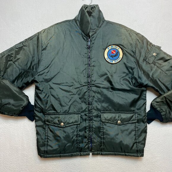 Vintage PADI Scuba Diver Jacket Men's L Gray Green Puffer Full Zip Quilted